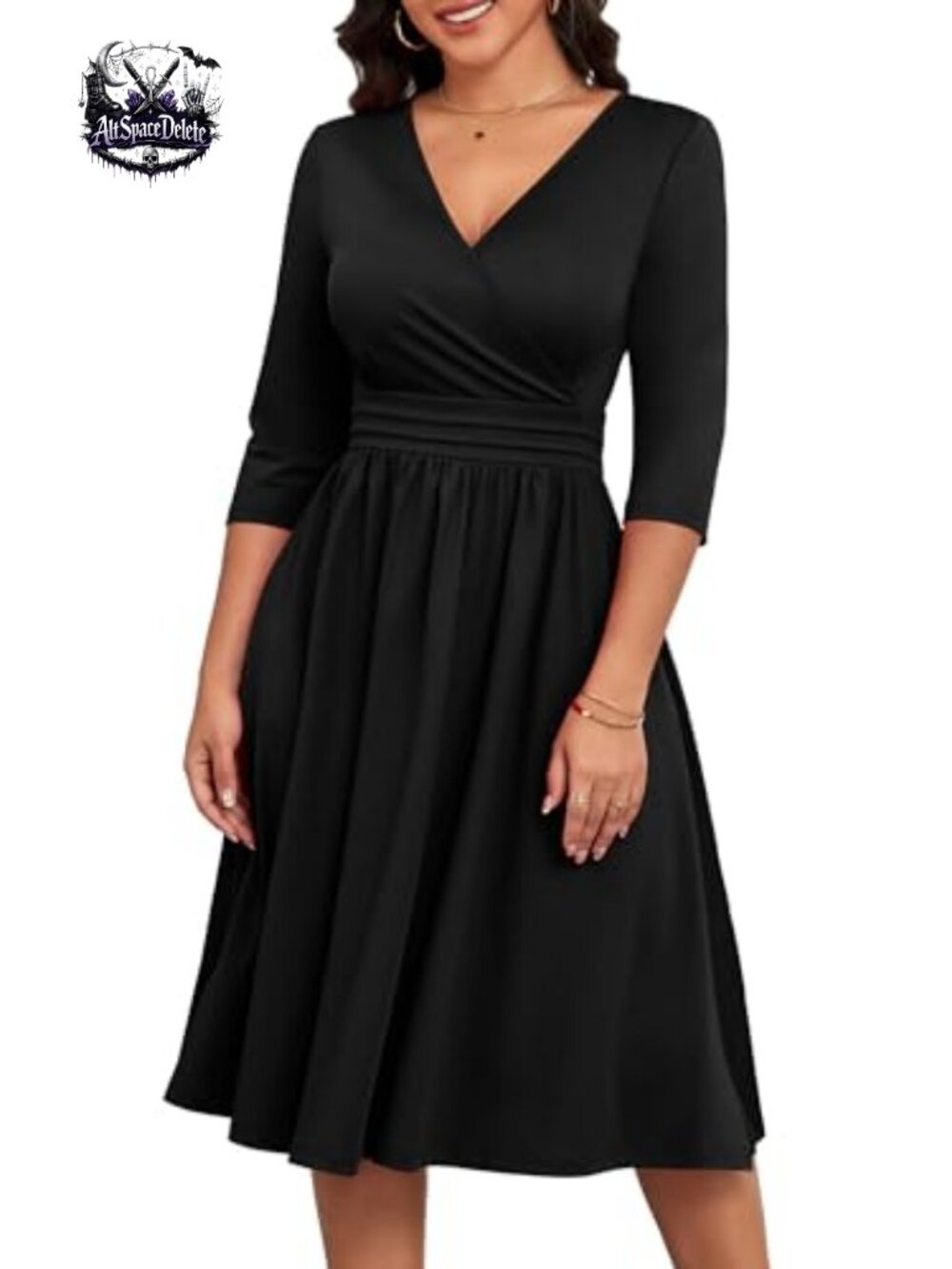 Nmoder Womens Midi Dress V Neck 3/4 Sleeve A-Line Church Casual Flare